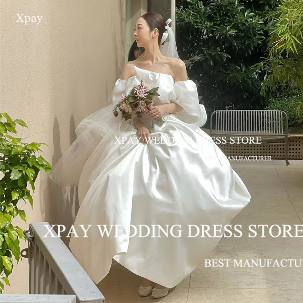 

XPAY Sweetheart Korea Wedding Dresses Satin A Line Elegant Wedding Photography Gowns Puff Sleeve Floor Length Robe de marriage