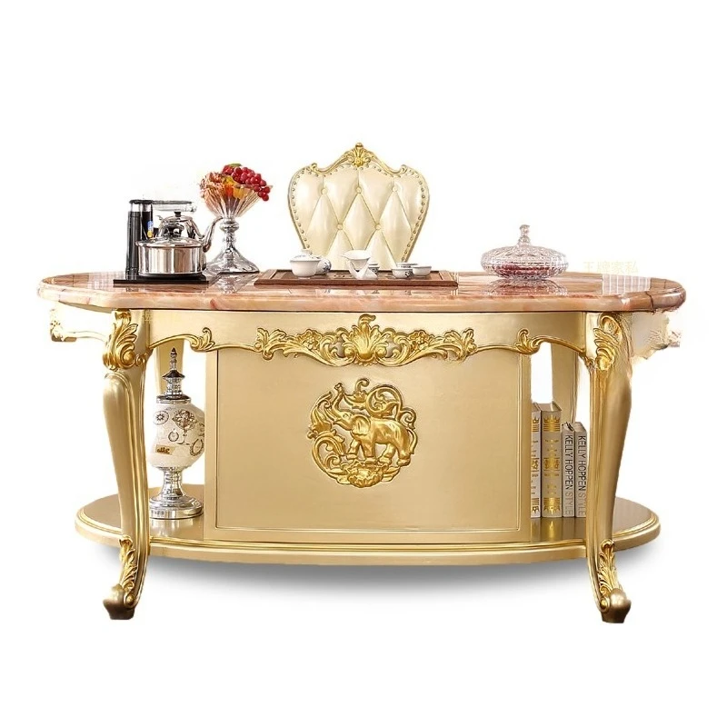 

Marble solid wood gold tea table and chair combination with storage, household balcony tea table