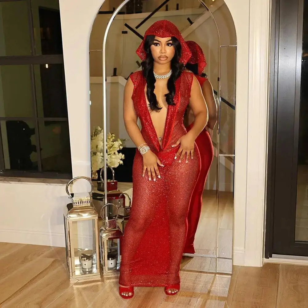 

Sexy Deep V-Neck Hooded Headscarf Party Long Dresses Women Nightclub Prom Sheer Mesh Sleeveless Glitter Sequined Maxi Dress