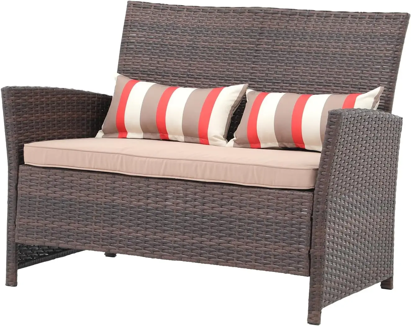 Outdoor Wicker Loveseat with Cushions, 2 Seats Patio PE Rattan Sofa with Lumbar Pillows, Brown Wicker & Beige Cushions, Porch