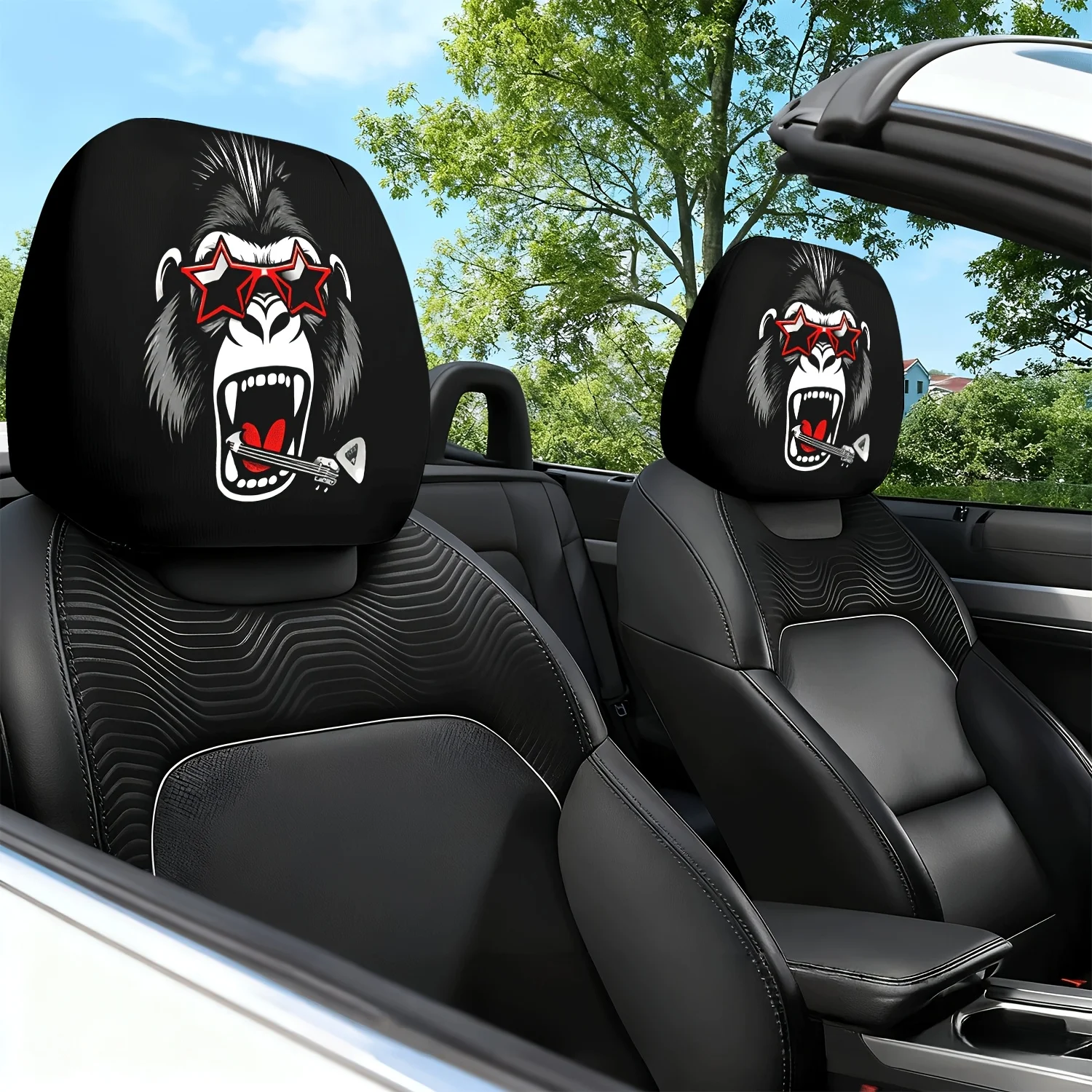 2pcs Gorilla Trend Theme Printed Pattern Car Headrest Covers, Car Seat Cushion Headrest Neck Pillow Protector - with Cute Desi