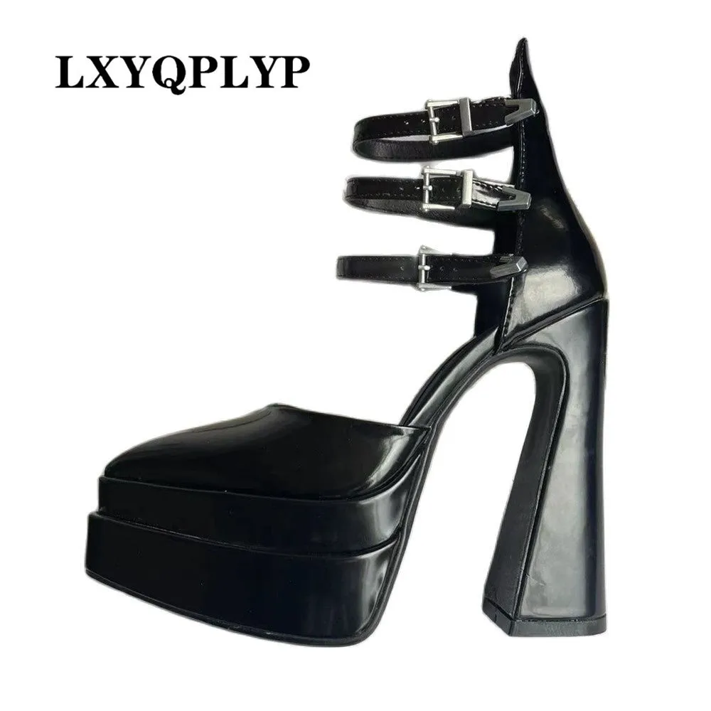 Pointed Toe Patent Leather Roman Sandals Women\'s Platform Summer Thick High Heel Sexy Party Shoes Pumps Sandals for Women 2022