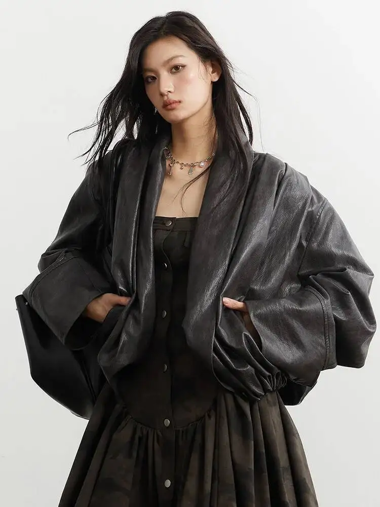 

HUISONG Brown Pleated Casual Big Size PU Leather Jacket New Lapel Long Sleeve Women Coat Fashion Tide Spring Autumn 2025