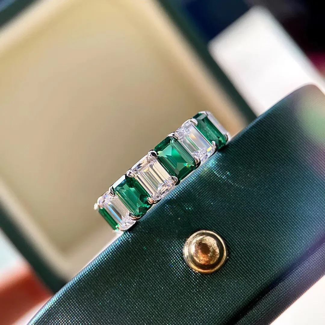 PANSYSEN 100% 925 Sterling Silver 3x5MM Emerald High Carbon Diamond Engagement Ring Wedding Bands for Women Man Luxury Jewelry