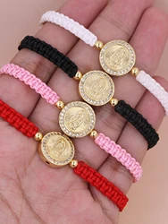 Classic Versatile White Zircon Round Hollow Virgin Mary Handwoven Adjustable 4-Color Rope Chain for Women Bracelet Jewelry