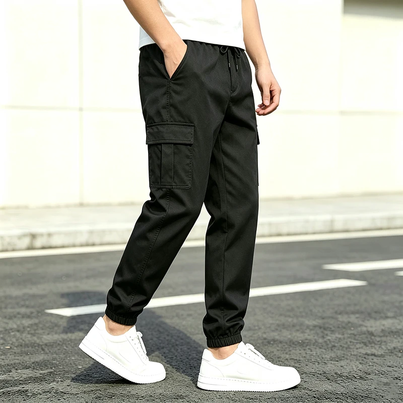 Men's Regular Fit Cargo Pants Elastic Drawstring Waist Multi Pockets Tapered Cuffs Casual Trousers for Daily Outdoor Wear