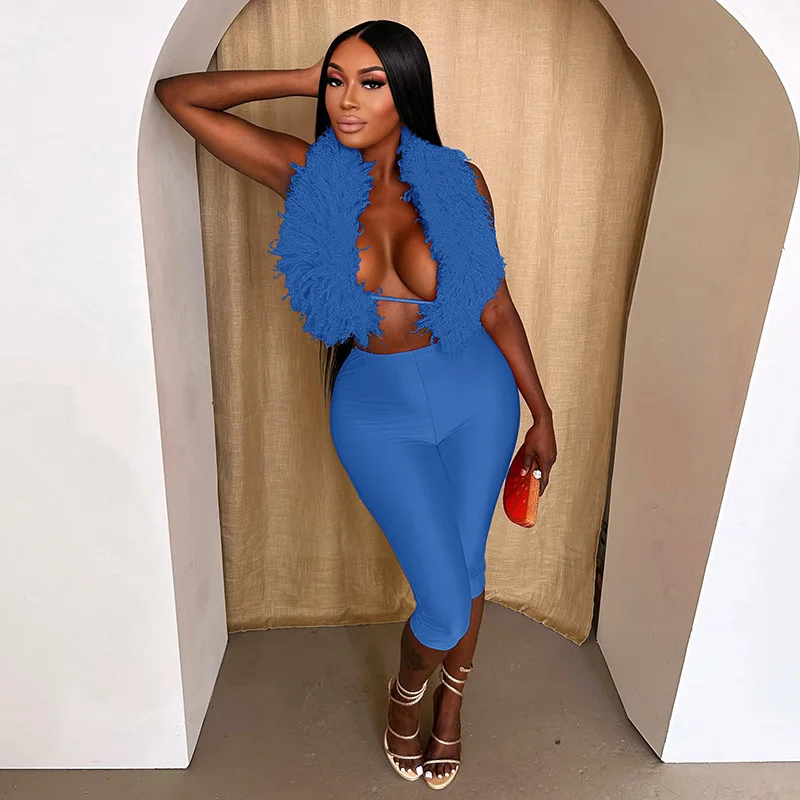 

Women Fashion Solid Night Club 2 Piece Set Sexy Lace Up Backless Halter Vests Tops + Glossy Skinny Capris Pants Casual Suits