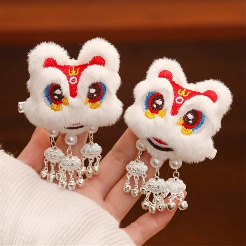 1 Pair Chinese Plush Dancing Lion Hair Clips Tassels Cartoon Hairpins Clips Hanfu Hair Accessories