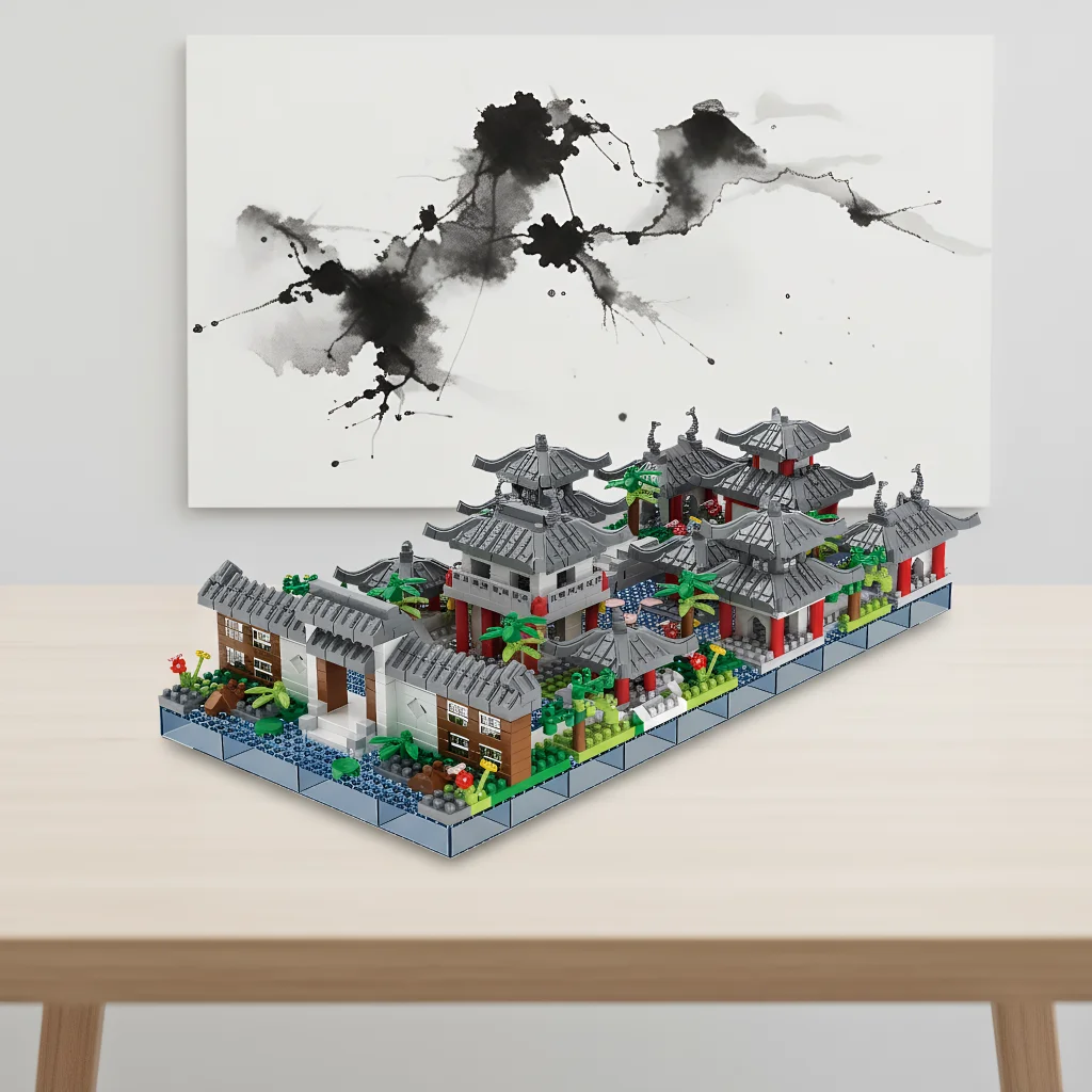 Suzhou Classical Garden Micro Building Blocks Ornament, Traditional Chinese Ancient Courtyard Desktop Decor Gift