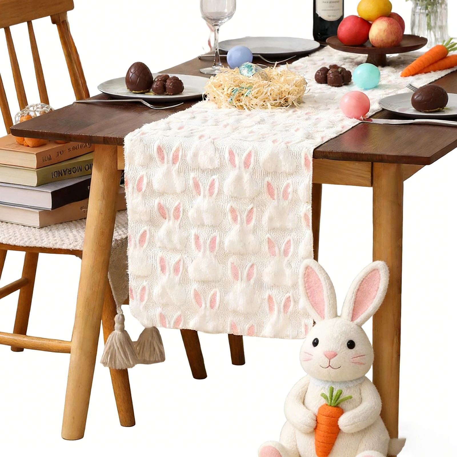 Seasonal Autumn Kitchen Dining Table Runner Rabbit Pattern Plush Soft Fuzzy Tablecloth for Simple Home Party Festive Dining