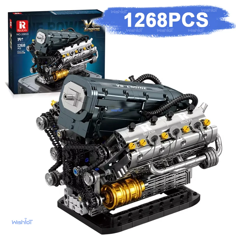 

Механический конструктор V6 Engine 1268 деталей с подставкой для демонстрации, настольный образовательный набор для мальчиков и взрослых, подарок