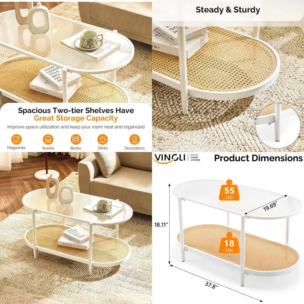 

White 38 Oval Rattan Coffee Table with Glass Metal Center and 2-Tier Storage for Small Spaces