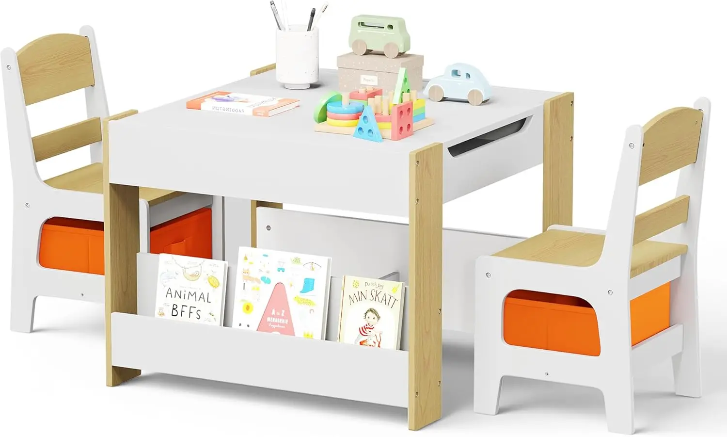

Kids Wooden Activity Table & Chairs Set with Blackboard, Bookcase, and Storage for Art, Playroom