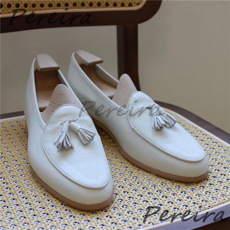 British Style Cowhide Loafers Men's Wedding Shoes Fashion Tassel Pointed Toe Business Casual Shoes Summer Versatile Flat Shoes