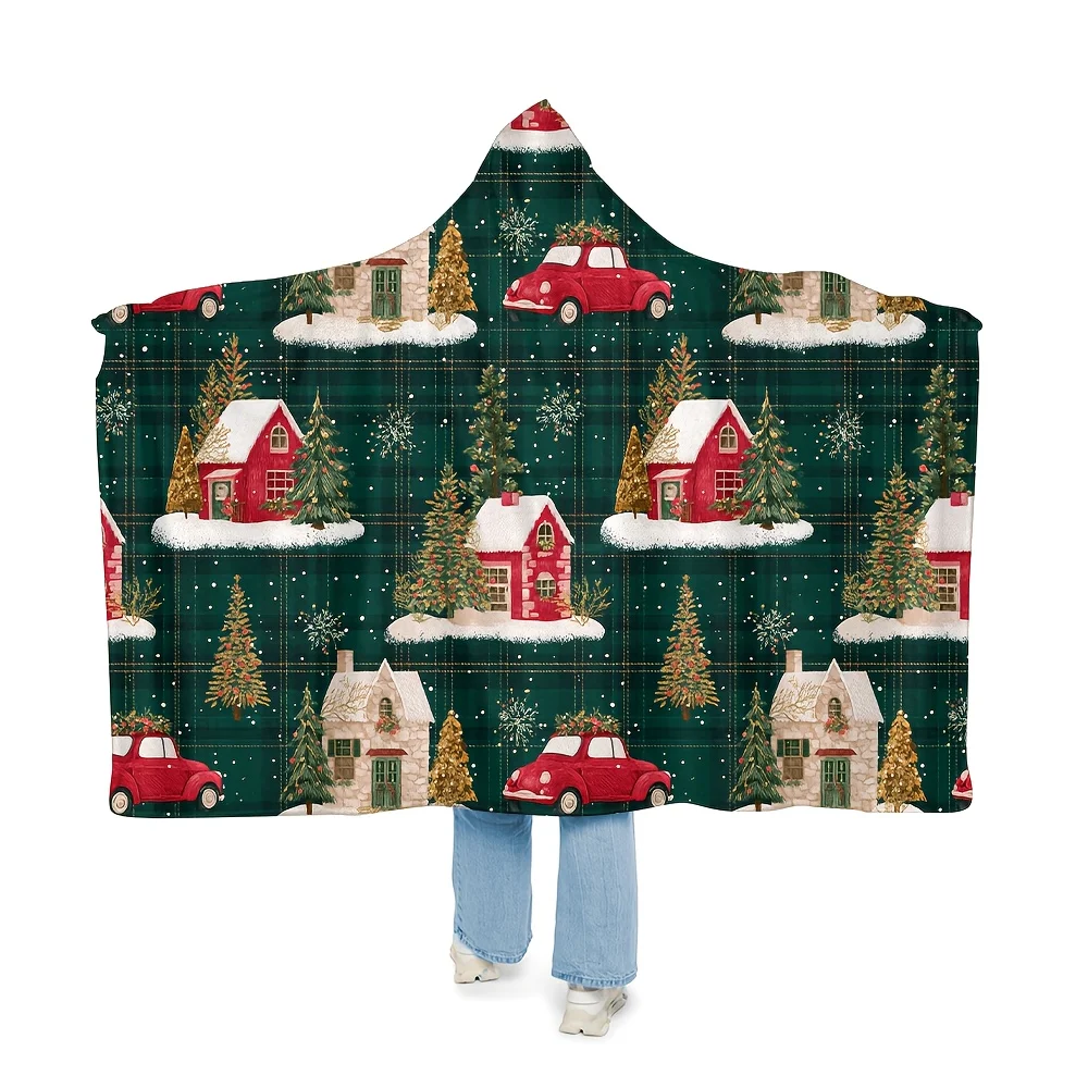 1pc Dharani Fleece Christmas Wearable Blanket, 50x60in, Country Style with Cottage and Tree Patterns, Soft Cozy