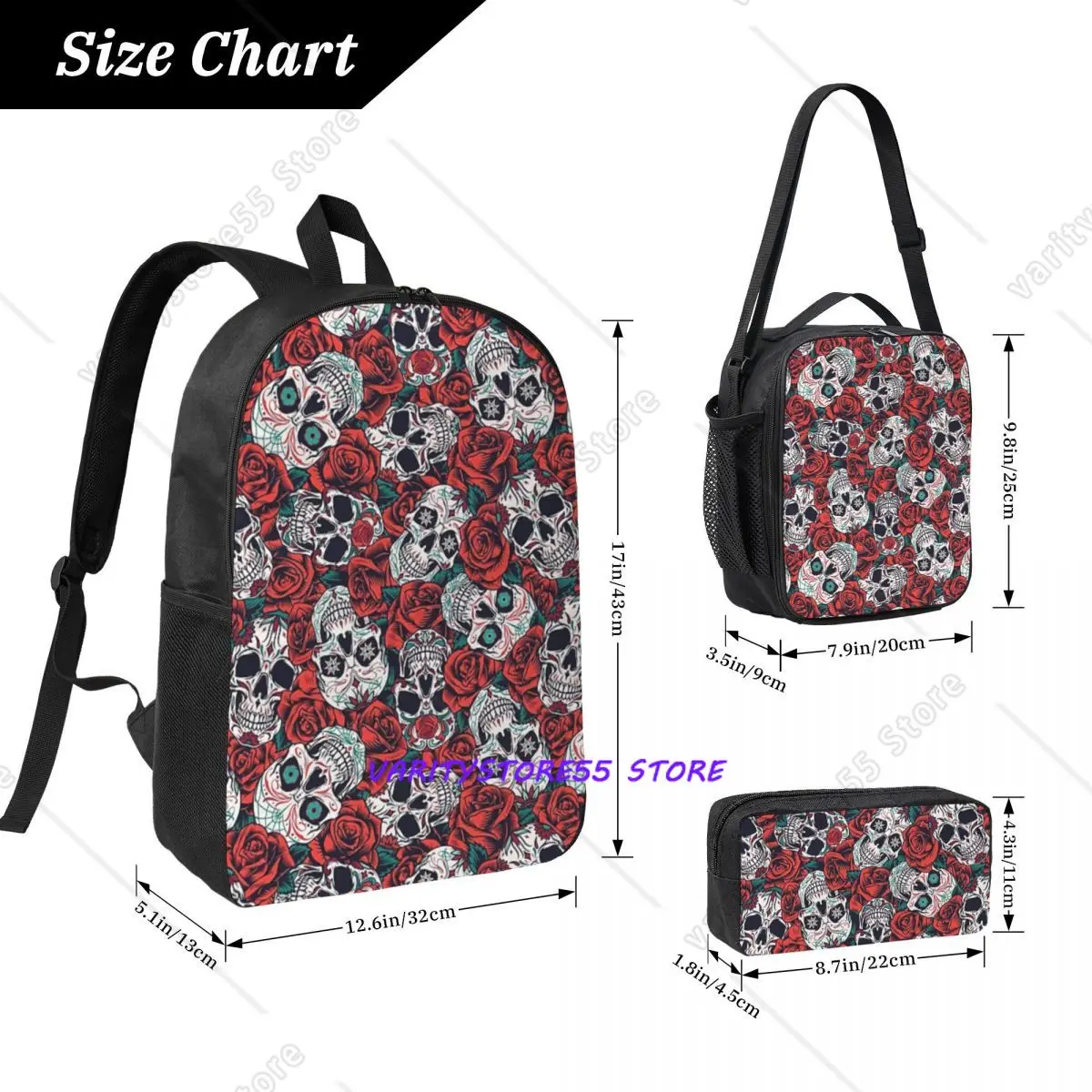Vintage Floral Skull Roses Backpack Student BookBag School Bag Computer Shoulder Bags 3ps Insulated Lunch Bag Pencil Case