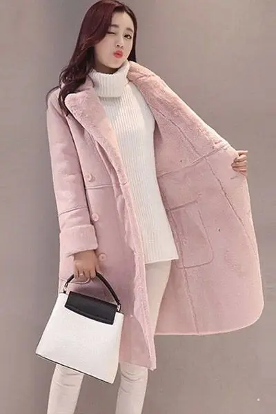 

Korean Style Shearling Jacket Women Winter Plush Lined Suede Coat Long Fur Collar Warm Padded Outerwear Female Girl Outfit New