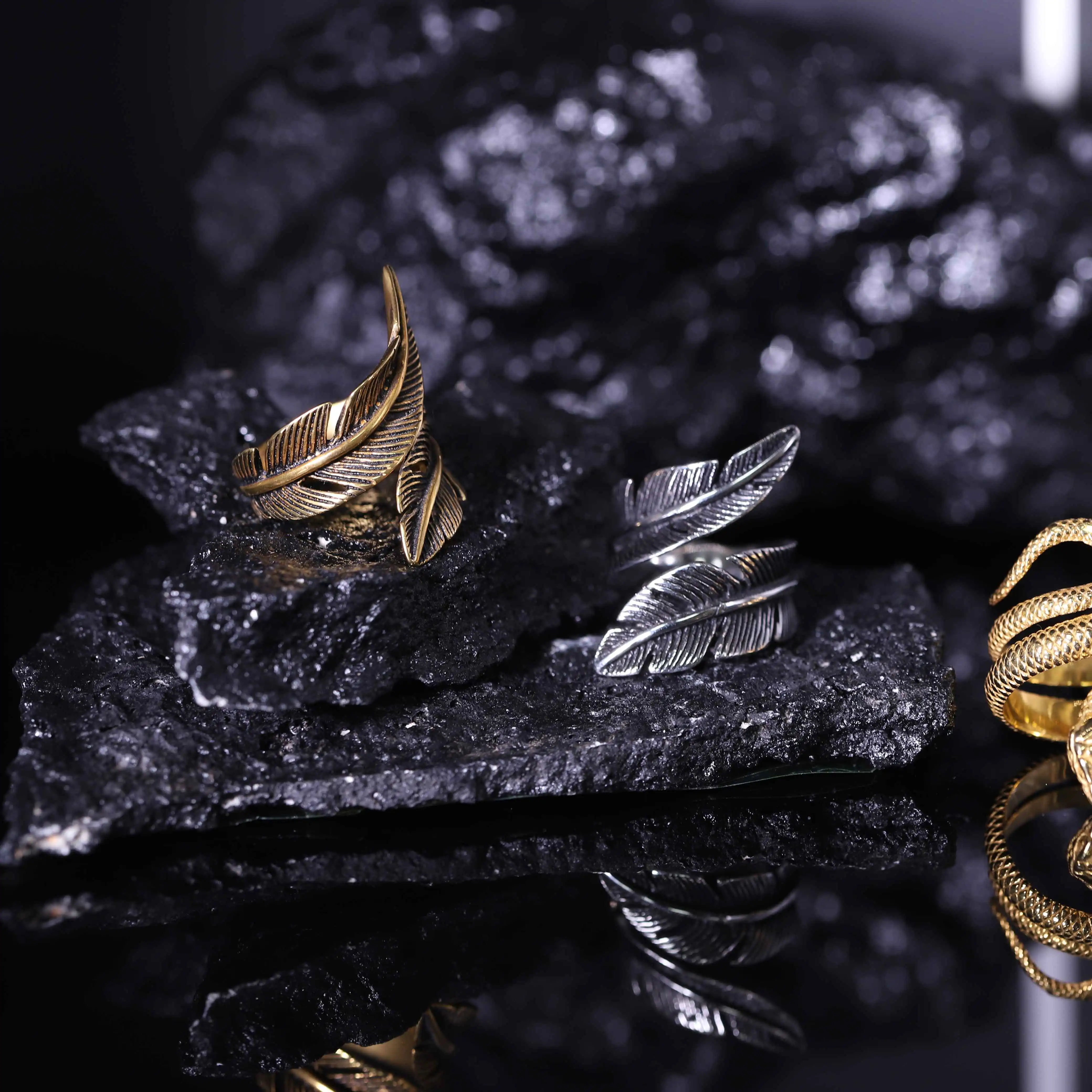 WDM Gothic Vintage Stainless Steel Snake Ring Black Silver 14k Gold Feather Steampunk Viking Adjustable Open Rings