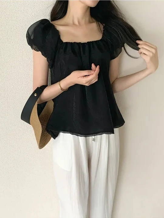 

Elegant Chic Women's Bubble Sleeve Square Collar Off-Shoulder Chiffon Top Summer Fashionable Straight Cut Short Sleeve Dress