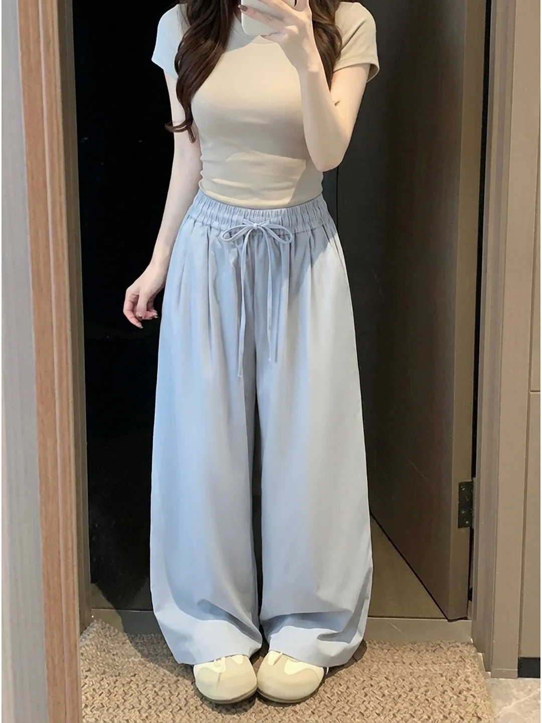 

Loose Elastic Waist Drawstring Slimming Commuter Style Korean Version Casual Pants Women High Waist Wide Leg Pants