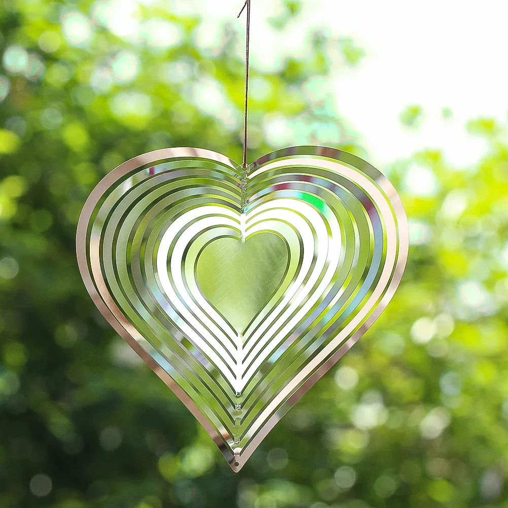 5.9inch Heart Wind Spinner Sculpture Stainless Steel 3D Whirligig Flowing Wind Chime Catcher Garden Hanging Decor Bird Deterrent