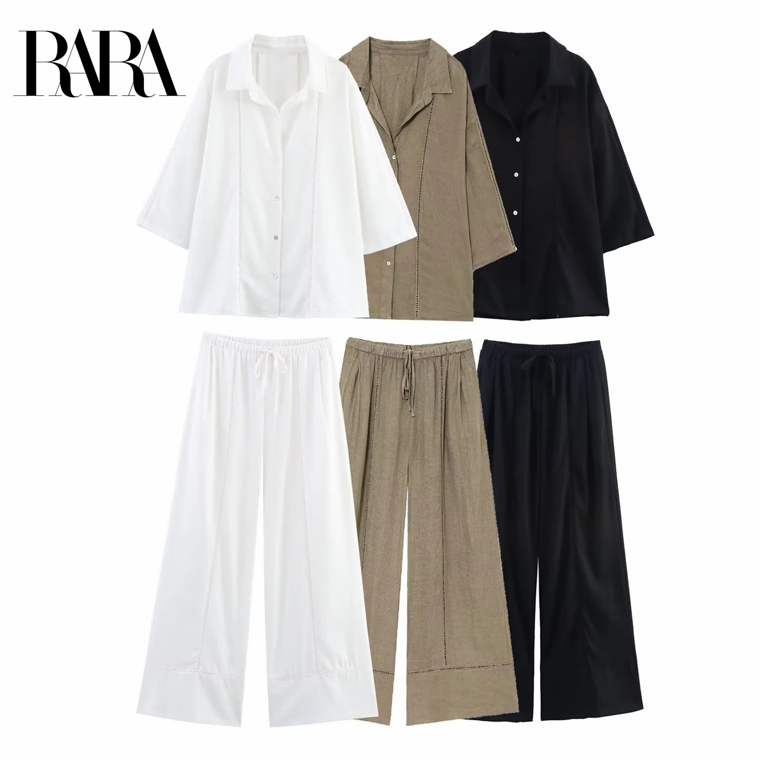 

RARA2025 new summer women's casual fashion loose temperament lapel long-sleeved shirt top + drawstring wide-leg trousers