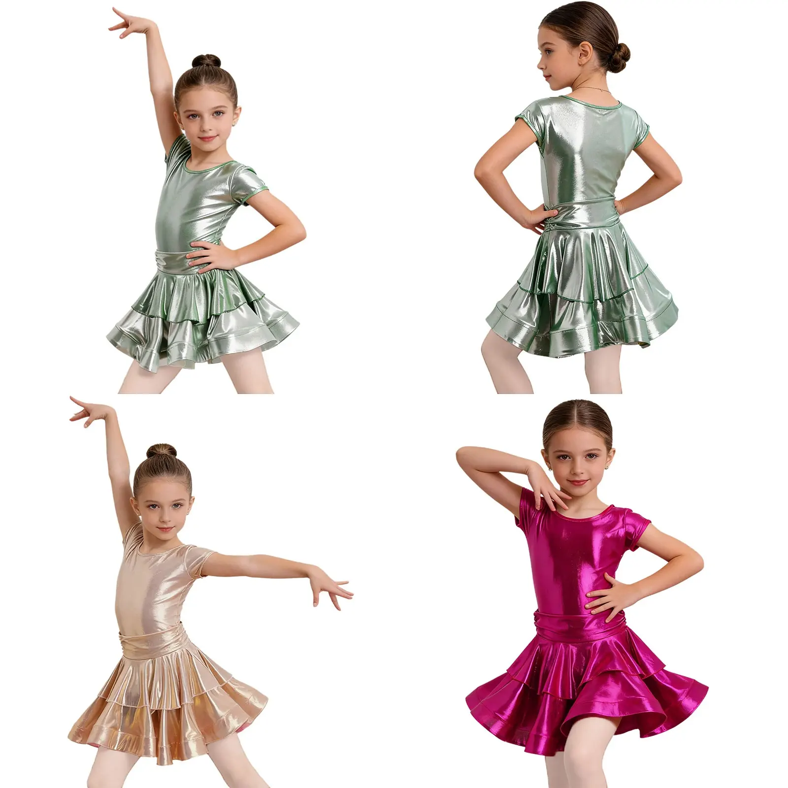 Kids Girls Latin Dance Performance Dance Dress Cap Sleeves Tiered Ruffled Metallic Dress with Built-in Shorts for Latin Salsa