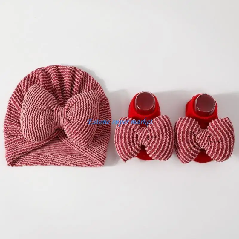 090B Infant Striped Bowknot Caps & Socks set Breathable Toddler Striped Bonnet with Socks Fashion Striped Headwear & Footwear