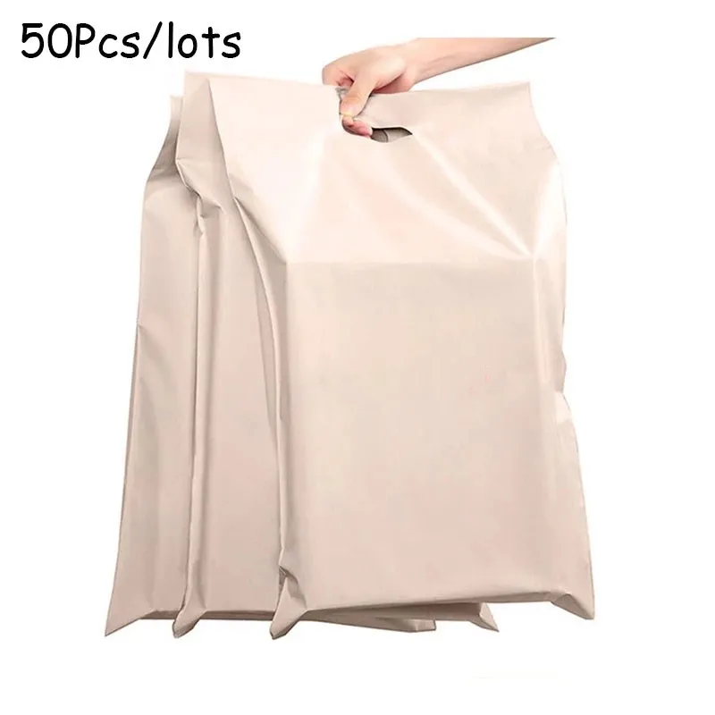 50Pcs/lots Eco Express Apricot Tote Mailing Bags Self Seal Biodegradable Clothing Packaging Bag Courier Storage Bags with Handle