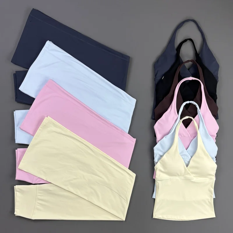 Women Gym Set Sports Origin Halter Top Training Flares Outfit High Elastic Slim Fit Yoga Workout Sportswear Running Fitness Suit
