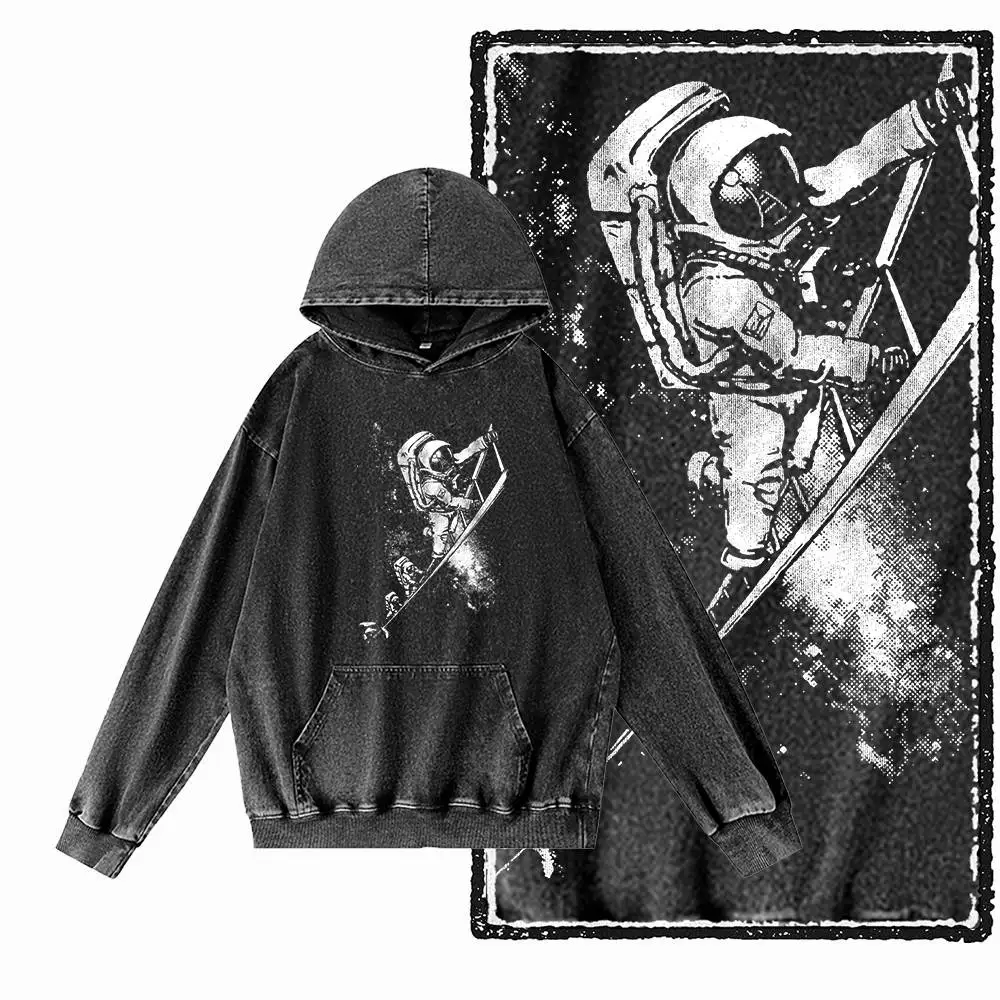 G39 Acid Washed Black Cool 100% Cotton Astronaut Printed Men's Hoodies | Streetwear Big Size Vintage O-Neck Men's Hoodie