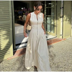 Fashion Sleeveless High Waist Zipper Maxi Dress Women Elegant O Neck Long Vestidos 2024 Summer New Ladies Party Spliced Robes