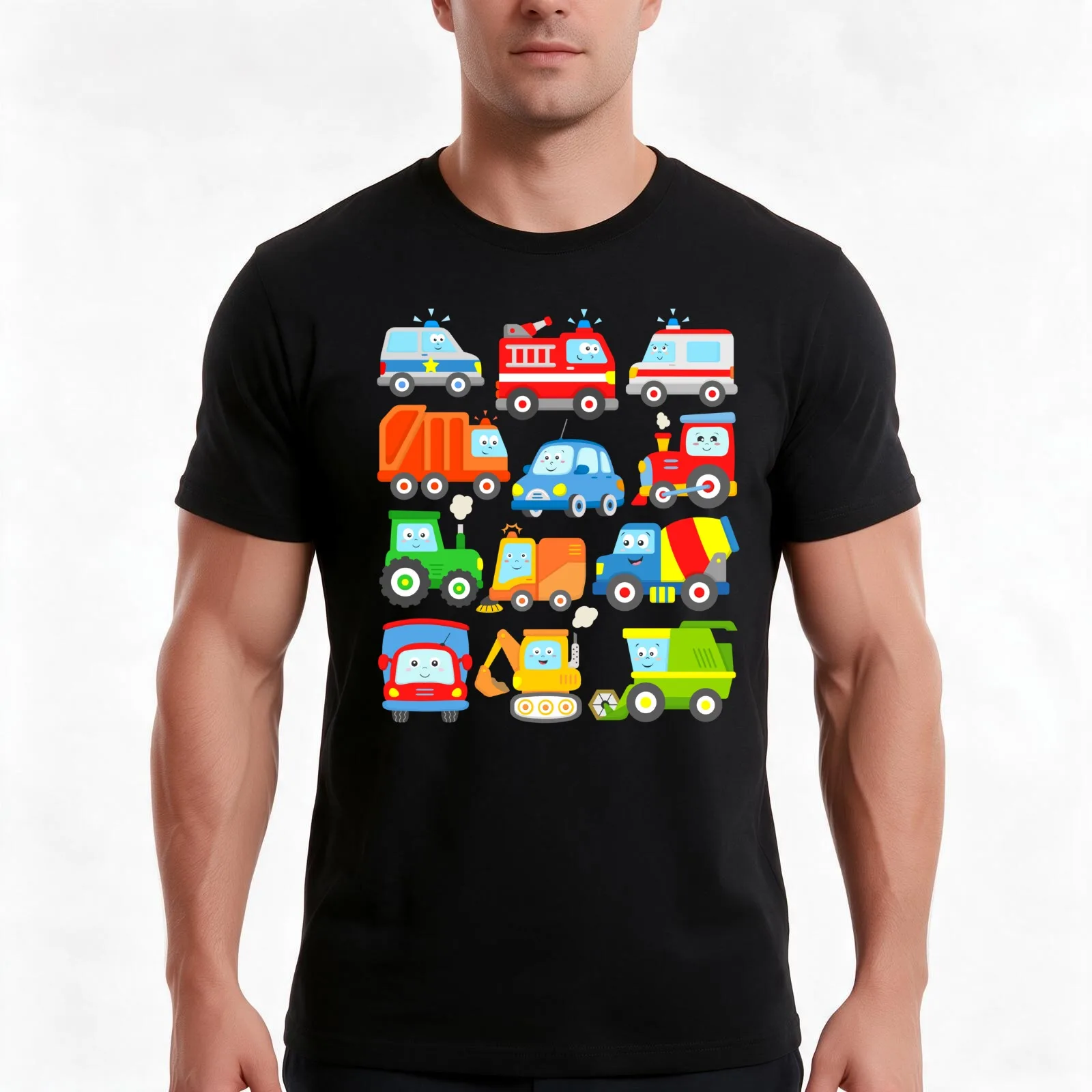Vehicles Cars Trucks Kids Toddlers Boys Girls T-Shirt, Summer Casual Cotton Tee, Oversized Streetwear Tops, Unisex Men Women