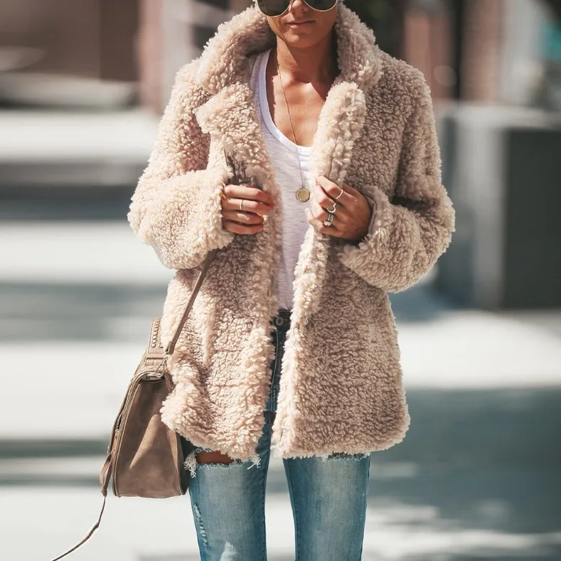 Autumn and Winter Loose Warm Plush Hot  Lapel Solid Color Long-sleeved Jacket Cardigan Europe and America 2025