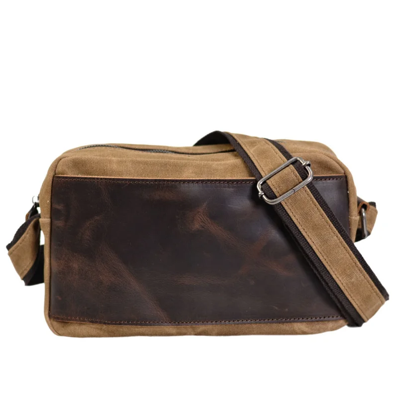 Casual waxed canvas men's shoulder bag with vintage-style stitched top-layer cowhideipadHorizontal crossbody bag
