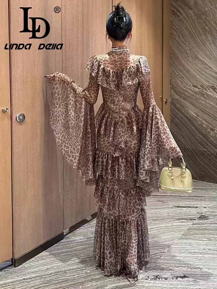 LD LINDA DELL Mangas trompete com estampa de leopardo e pregas em camadas, bordas de fungo preto, mangas compridas, vestido fashion slim fit