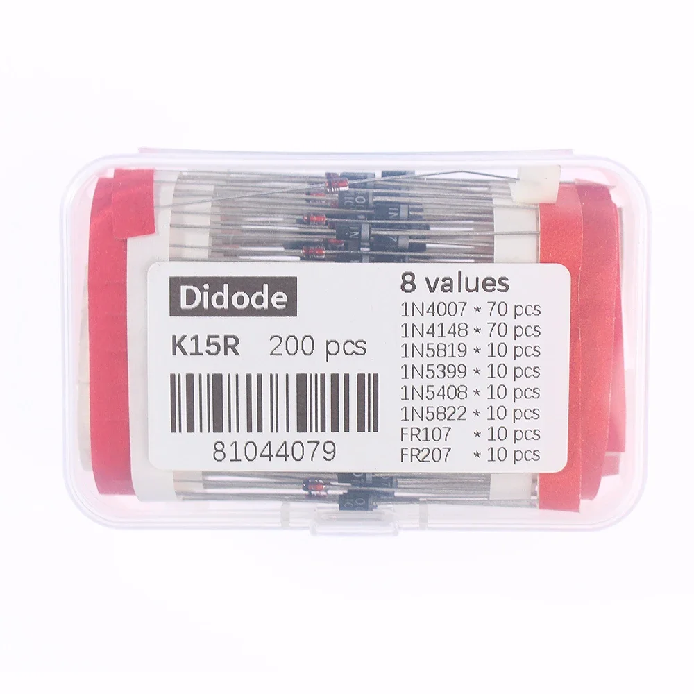 200PCS/box 8 Values Diodes Assorted Kit 1N4148 1N4007 1N5819 1N5399 1N5408 1N5822 FR107 FR207 Schottky Diode / Rectifier Diode