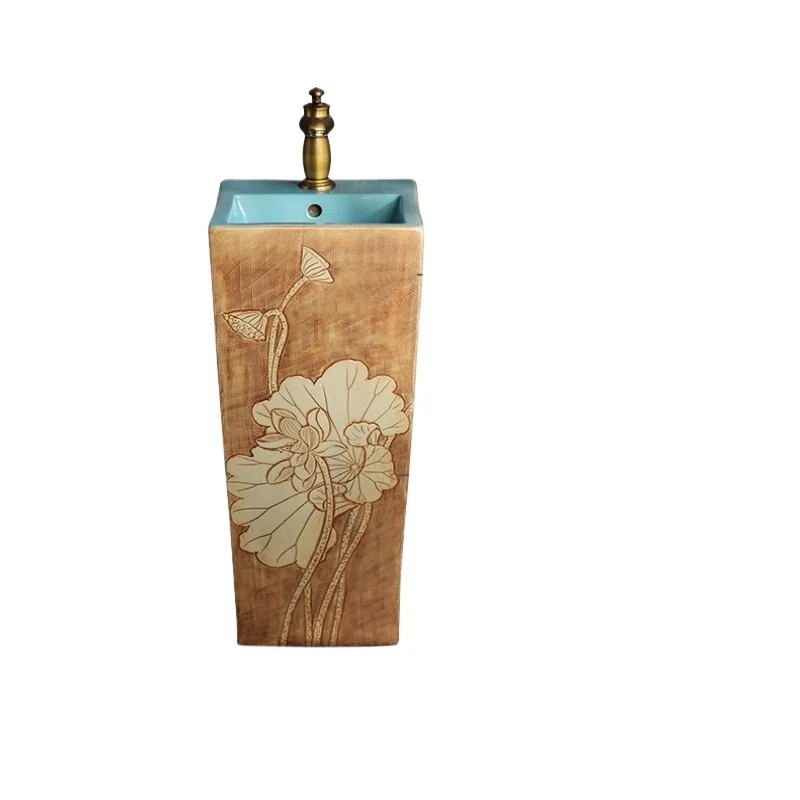 

Ceramic column basin Floor-to-ceiling retro household column type washbasin Balcony bathroom integrated