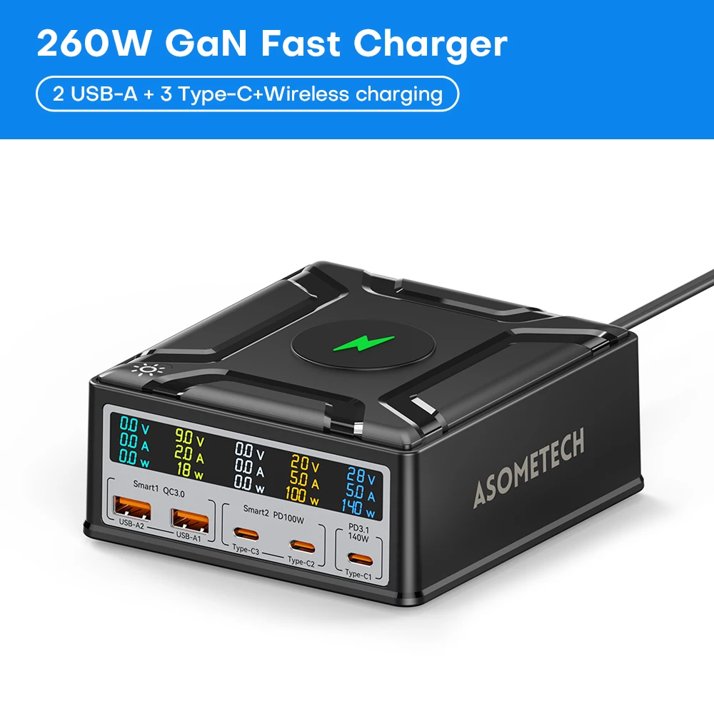 ASOMETECH 260 W GaN Ladegerät Typ C PD3.1 Schnellladegerät für MacBook Tablet PPS Quick Charge 3.0 für IPhone 14 13 Telefon Ladegerät Xiaomi Samsung 4