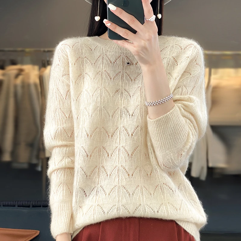 Wool O-neck Sweater Women Knitted Hollowout Long Sleeve Tops Spring Female Pullover Autumn Winter Loose Fashion Basics Jumper