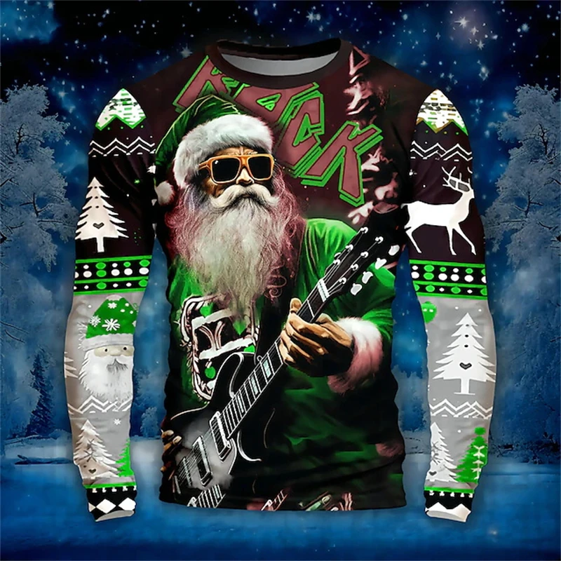2024 New Rock Santa Graphic Long T Shirt Men Fashion Casual  3D Printed Long Sleeve New Year Round Neck Shirt Fall Men Clothing