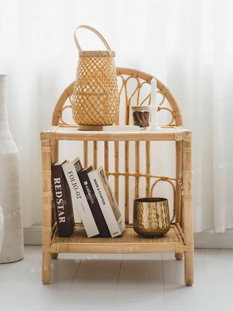 Small storage cabinet rattan woven Japanese style handmade small edge cabinet, natural wood color bedside cabinet