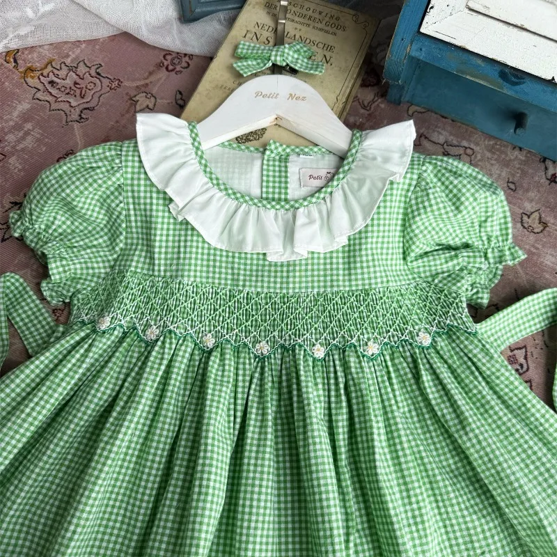 

Ins винтажное зеленое сетчатое платье ручной работы с короткими рукавами для девочек, платье с цветочным узором для девочек, свадебное праздничное платье, детский бутик