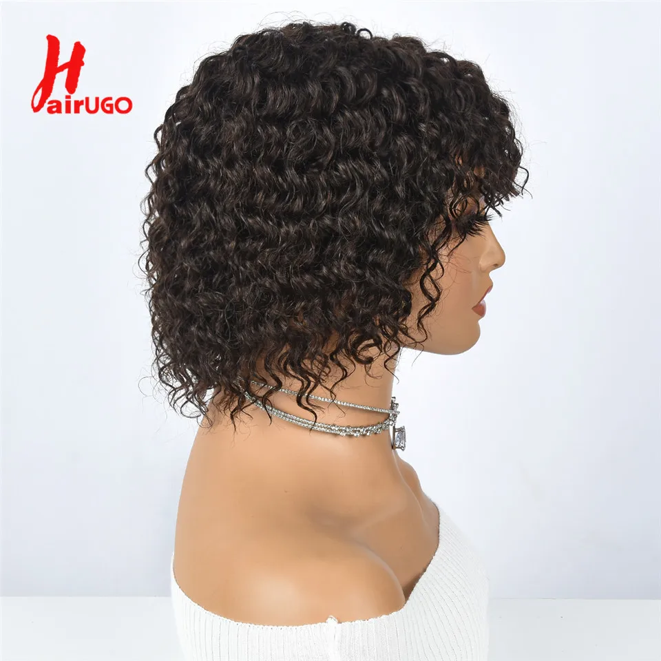 #2 Curly Pixie Cut Wigs With Bangs Machine Made Jerry Curly Human Hair Wigs For Women Brazilian Dark Brown Glueless Wigs HairUGo