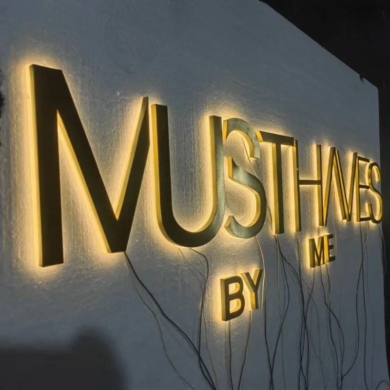 3D Backlit Logo Exterieur Winkel Front Goud Roestvrij Reverse Channel Teken Led Licht Verlichte Business Logo Letters