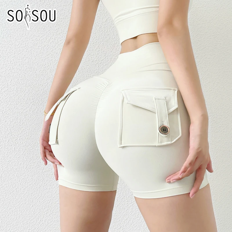 SOISOU Nylon Yoga Shorts palestra pantaloncini da ciclismo da donna stretto elastico traspirante assorbe il sudore tasche posteriori pantaloncini da