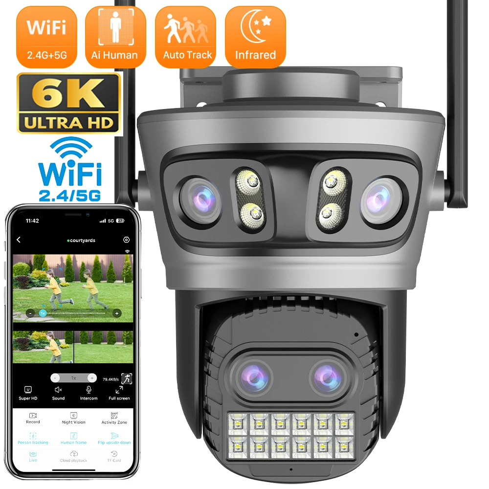 20MP Outdoor Wifi Camera Four Lens Three Screens 10X Zoom 15MP Three Lens 4K PTZ Surveillance Auto Tracking  ANBIUX Surveillance