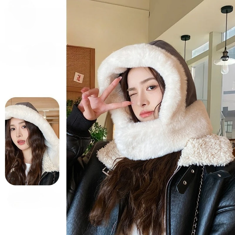 

Autumn and winter integrated hat for women Korean wool hood with scarf thick plus fluff hood big head versatile hat