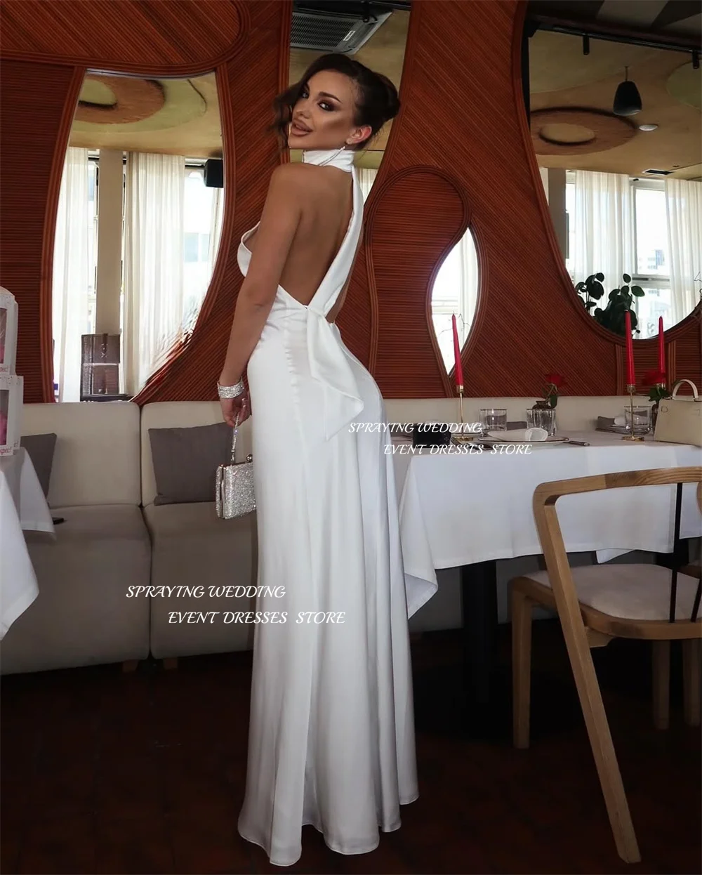 아이보리 새틴 웨딩드레스 섹시한 하이넥 슬리브리스 브라이덜 가운 머메이드 롱 약혼 파티 드레스 맞춤 제작 2025