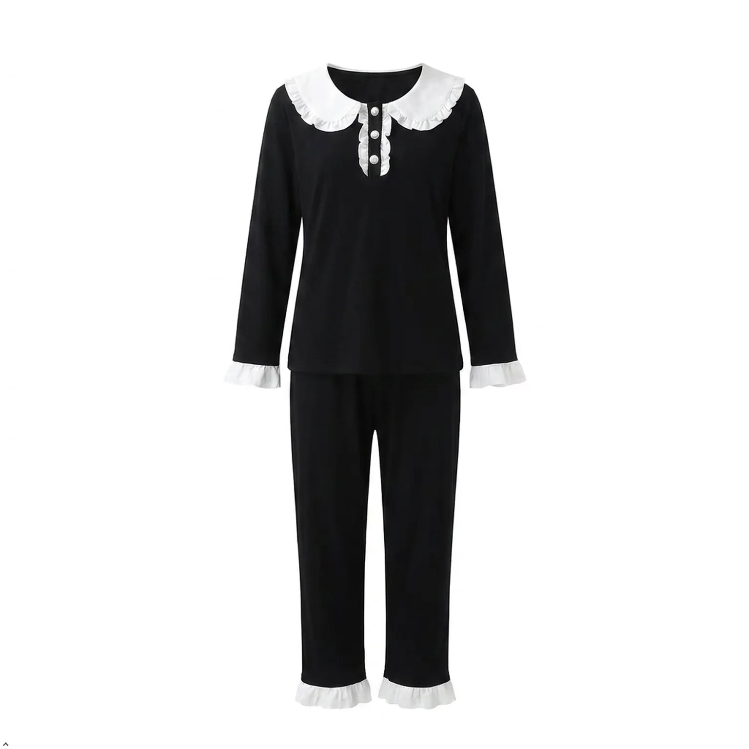 Pajamas for Women Set Lounge Pearl Button Princess Neck Black Color Spring Cute Pj Sets for Woman